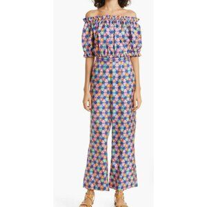 Saloni Sz 2 Julie Silk Twill Jumpsuit Floral Ruffle Blue Short Puff Sleeve New